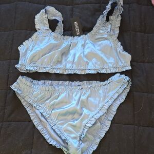 Dolls Kill Light Blue Ruffle Satin Bralette & Bikini Set